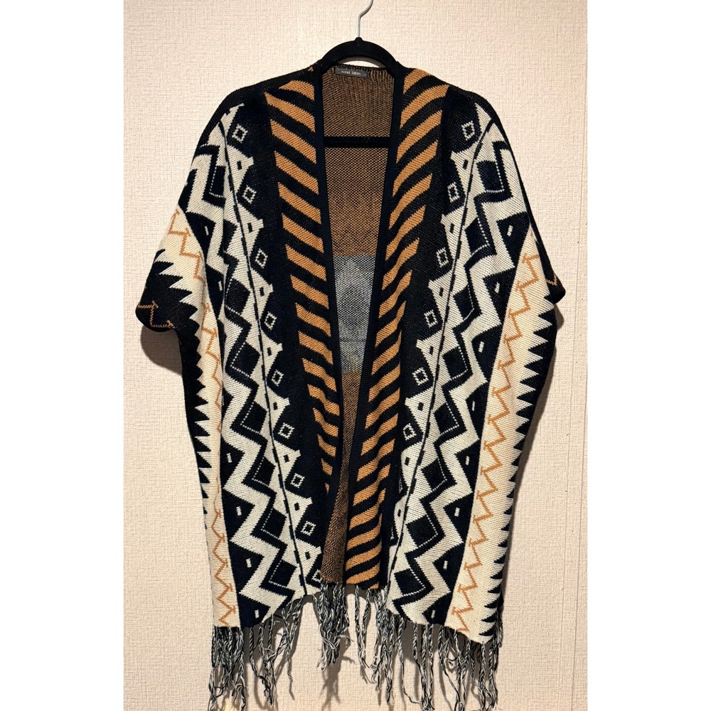 West 36th Womens Geometric Southwestern Knit Fringe Poncho Wrap Black Tan OS